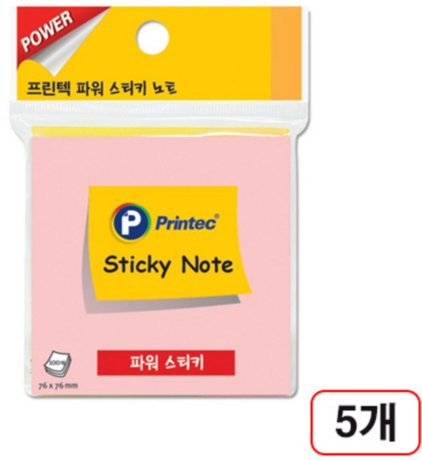 프린텍)파워스티키노트(76x76mm/100매), 5개, 핑크(SS7676P)