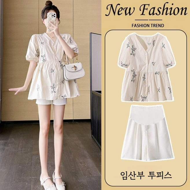 에쥬아 여름 반바지 상하세트 브이넥 셔츠+밴딩 반바지 임부복 투피스