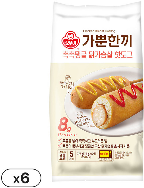 오뚜기 가뿐한끼 촉촉탱글 닭가슴살 핫도그(75gX5) 6개, 375g