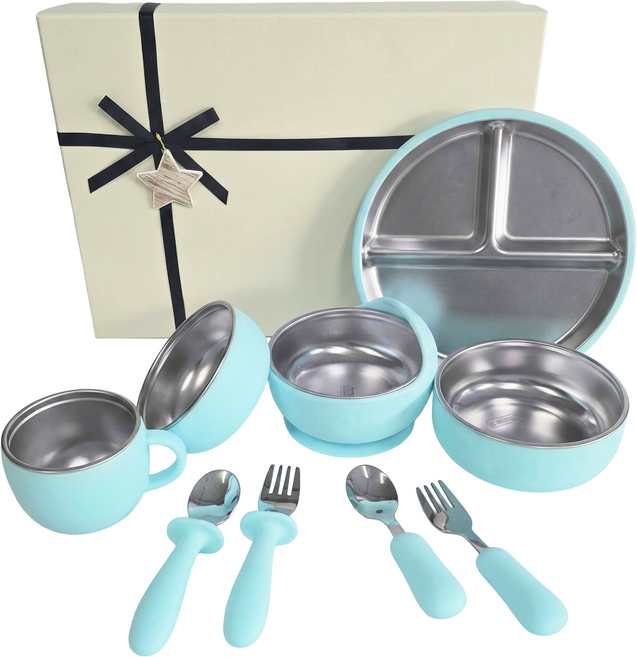 루미베베 아기식판 자기주도 이유식 식판 흡착볼 실리콘 스테인리스 세트, 1세트, 10종, 블루