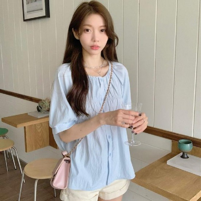 [오노마] ONM 여성 캐주얼 노카라 라운드넥 셔링 플레어 셔츠 (15792553)