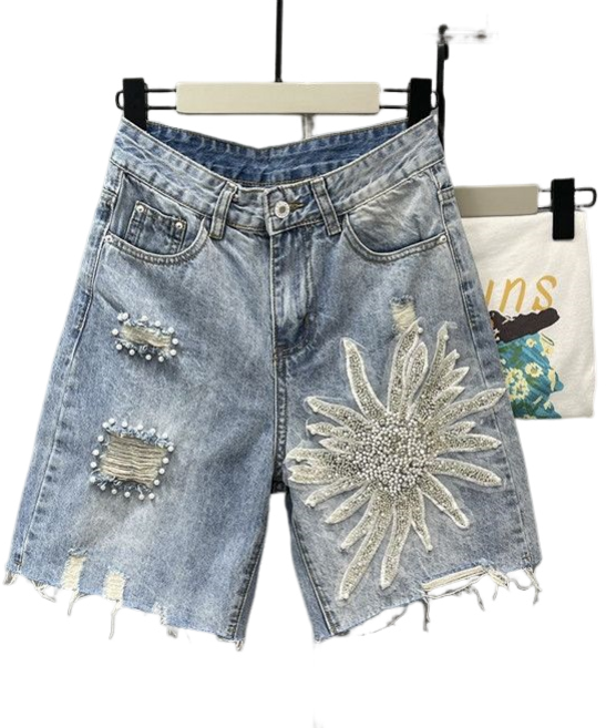 여성용 데님 반바지 비즈 입체 꽃 펀칭 데님 하이웨스트 5부 반바지 핫팬츠 뉴타임즈 C874D145