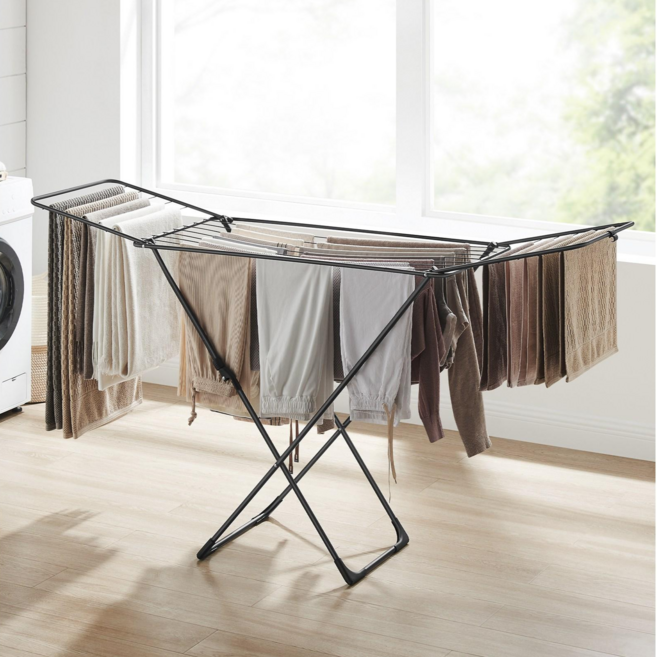 SONGMICS 튼튼한 이동식 실내외 겸용 다기능 스틸 접이식 빨래건조대, 블랙