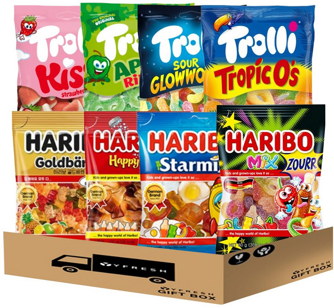 [YFRESH]젤리 믹스 세트8종 트롤리(키스젤리 애플링스 사우어글로우웜즈 트로픽오스)하리보(골드베렌 스타믹스 해피콜라 사우어믹스), 100g, 1