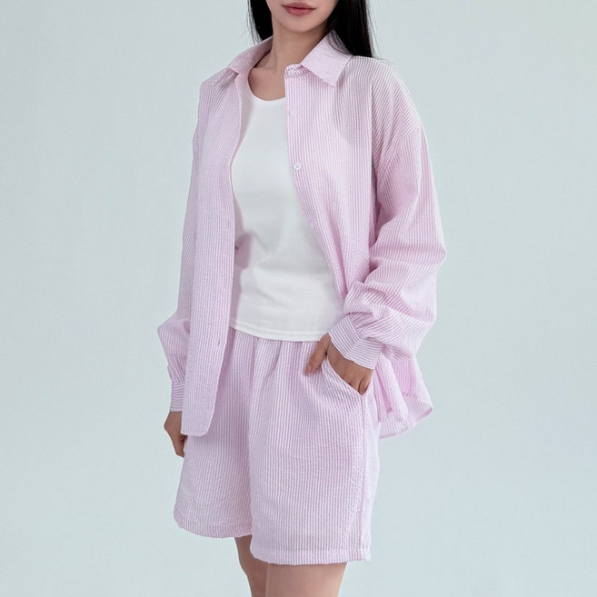 비타 지지미 루즈핏 스트라이프 셔츠 남방 반바지 세트