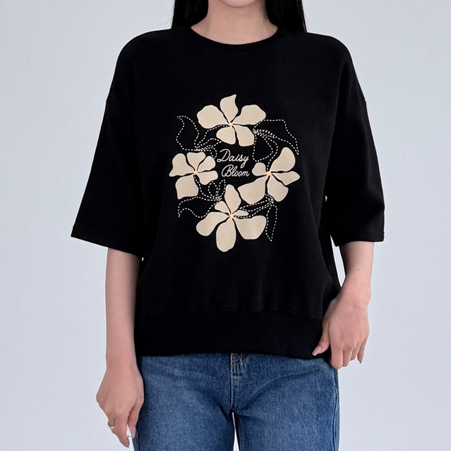 스티치 데이지 루즈핏 7부 반팔 맨투맨 티셔츠