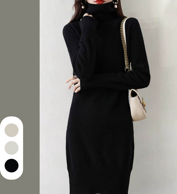 [쫀쫀~기모] 여성 뽀송 니트 하이넥 기모 목폴라 미디 원피스 // 겨울 심플핏 몸매핏 따숩 루즈핏 데일리 캐주얼 (EJ-4015)