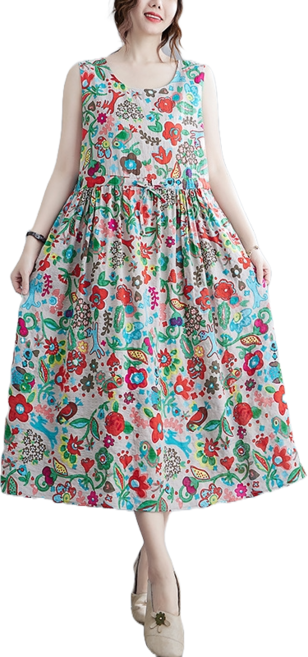 여성용 여름 라운드넥 허리 스트링 면 린넨 플라워 민소매 나시 롱 원피스 체형커버 엄마옷 마담옷 미시옷 아줌마옷 중년여성의류