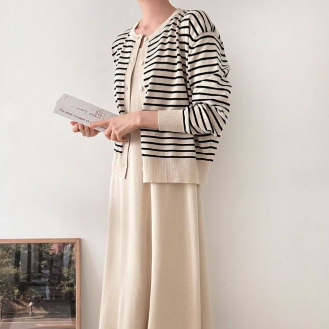 세브리 여성 빅사이즈 니트 원피스 단가라 가디건 세트