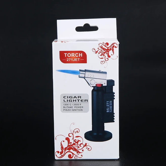 두가지 유형의 불꽃 터보 토치가있는 야외 방풍 부탄 라이터 대형 화력 바베큐 요리 총, 02 black with box