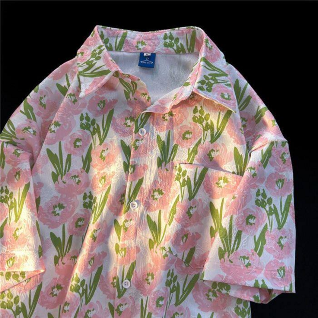 復古港風滿印短袖花襯衫