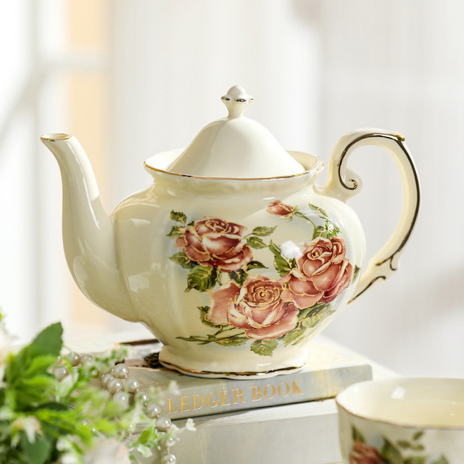 Le Pei 유럽풍 금테 빈티지 로즈 티포트 LP007, 레드+화이트, 900ml, 1개