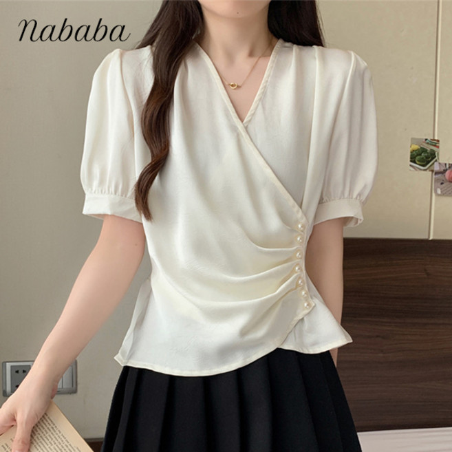 나바바 NB2817 여성 러블리 진주버튼 셔링랩 반팔 블라우스