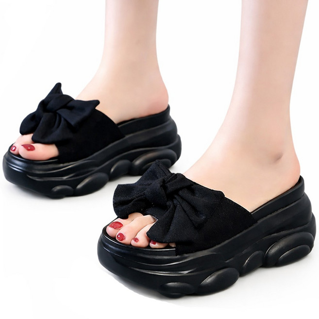 차쿠 통굽 슬리퍼 키높이 리본 굽있는 플랫폼 여자 여름 발편한 푹신한 쿠션 (8cm) B004