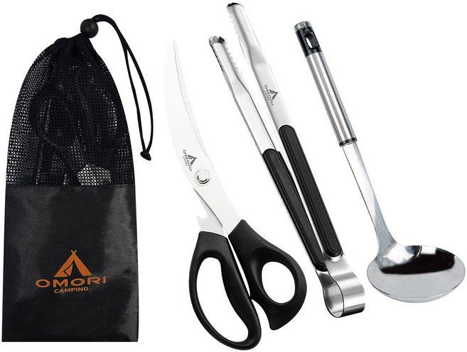 오모리 블랙 캠핑 가위 집게 국자세트 (메쉬포켓증정), 1개