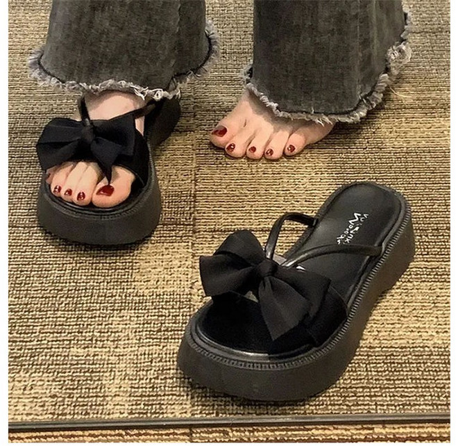 POMTOR 여성용 캐주얼 여름 샌들 리본 통굽 슬리퍼 5cm