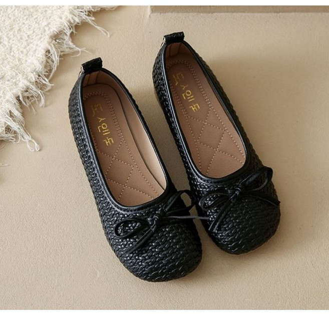 白鳥麗子 日系編織皮革蝴蝶結低跟包鞋