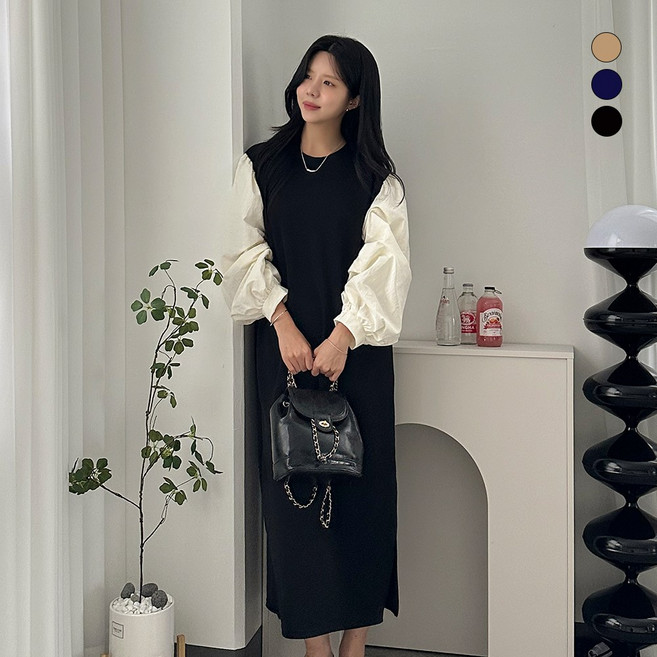 디테일웨어 여성 걸스 배색 라운드넥 긴팔 원피스 셔츠 원피스 빅사이즈 임부복 간절기 편한 A라인 롱원피스 데일리룩