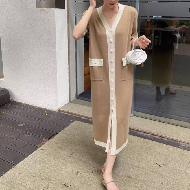 雪莉小姐 中大尺碼小香風排釦撞色邊氣質長洋裝長罩衫, 卡