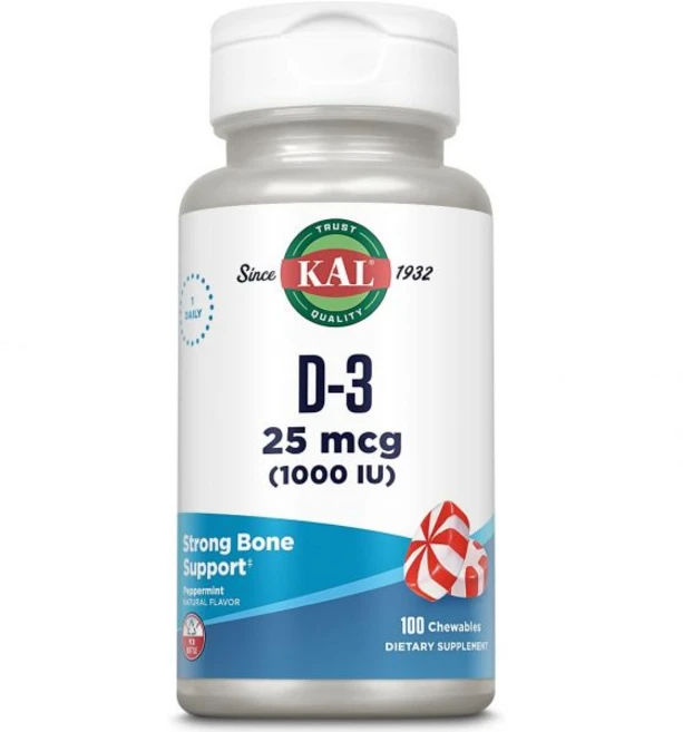 비타민D KAL 비타민 D3 1000 U 25 mcg D 츄어블 칼슘 페퍼민트 향 자일리톨로 단맛 낸 후 100인분 츄 100개, 1개, 100정 - 쿠팡
