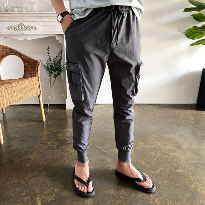 웨일즈 전체스판 아이스 언발 포켓 카고 테크 지퍼 조거 팬츠 밴딩 바지(3 Colors)28~38