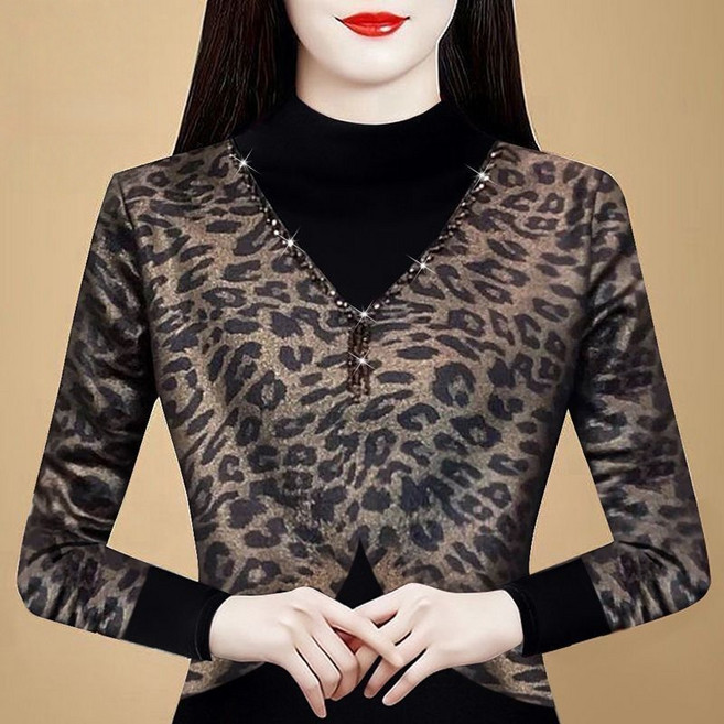 쌍천 반폴라 기모 호피 티셔츠 여 가을 겨울 긴팔 W26011716