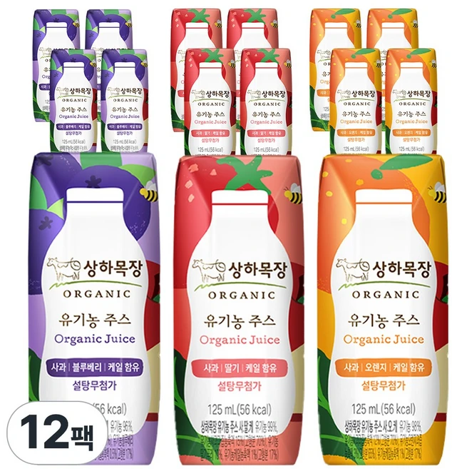 상하목장 유기농주스 사과오렌지케일4 + 사과블루베리케일4+ 사과딸기케일4(총12팩), 1세트, 125ml - 쿠팡