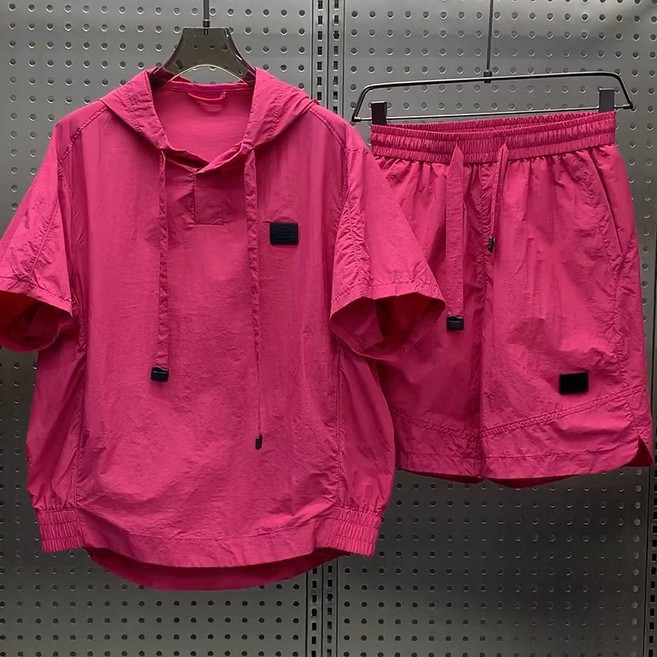 남녀공용 아노락세트 후드 반팔티 와이드 반바지 캐주얼 루즈핏 트레이닝복세트 심플 무지 시원한 여름 데일리 츄리닝세트 빅사이즈