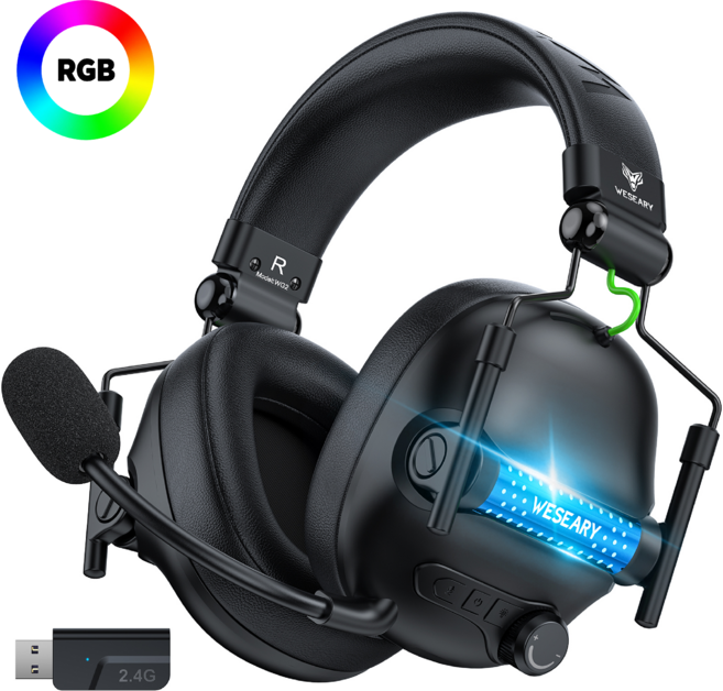 WESEARY 무선 게이밍 헤드셋 WG2 가상 7.1 채널 2.4G 저지연 초경량 3D 사운드 RGB 노이즈 캔슬링 마이크, 올블랙