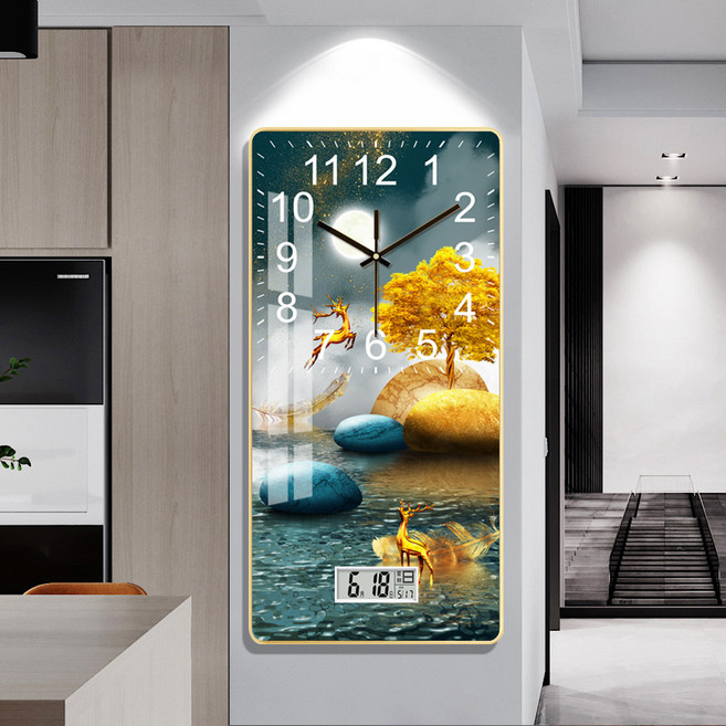 日曆掛鐘客廳牆上掛錶家用創意時鐘帶溫度家用鐘錶免打孔, M24-LCD(日曆款):80*40CM 輕奢金邊