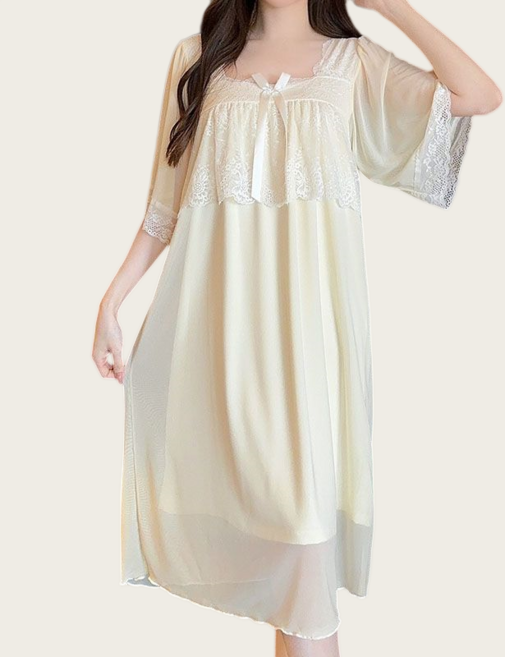Makone 여성 스퀘어넥 레이스 패치 패션 원피스 잠옷 트랜드 프렌치 루즈핏 홈웨어 시스루 샤방샤방 엘레강스