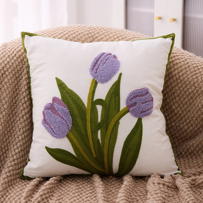 베개 1개 소파 쿠션 가정용 침대 헤드 쿠션, 45*45cm 베개 커버, 보라색 튤립