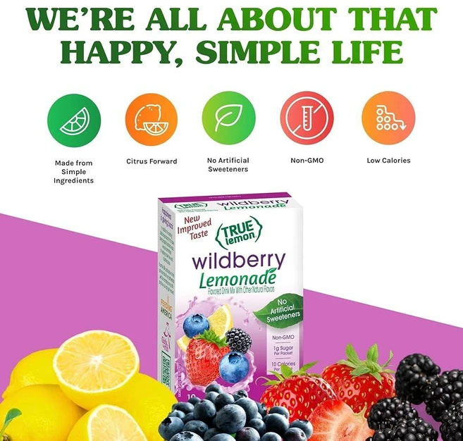 Ture Citrus 트루 레몬 레모네이드 믹스 30개 패킷 인공보존제/인공감미료/글루텐 무첨가 논GMO, 와일드베리, 2.5온스(12개), 30.1g - 쿠팡