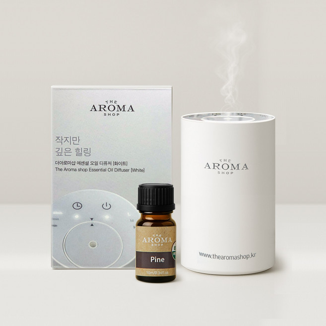 [전자 디퓨저+에센셜오일 1종] 네뷸라이징 실내 차량용 방향제 / C타입 USB 충전식 무선 아로마 디퓨저 세트 / 자동분사 더아로마샵, 1개, 10ml, 전자디퓨저(화이트)+오가닉 파인 10ml
