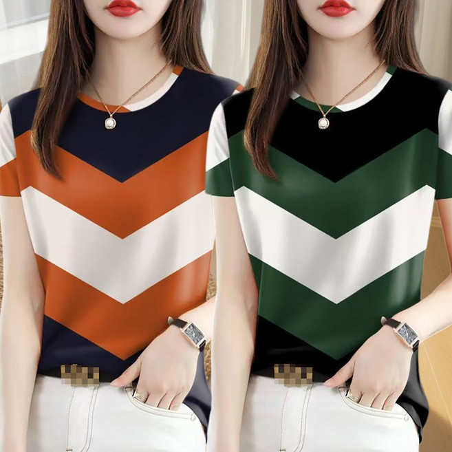 로르카 (1+1)2장묶음 중년 여성 패턴 배색 라운드넥 캐주얼 반팔 티셔츠 F01031110