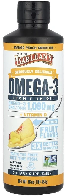 Barlean's Omega-3 Fish Oil Mango Peach Smoothie 발린스 오메가3 피쉬 오일 1080mg 망고 복숭아 스무디 비타민D 유제품프리 무설탕 454g, 1개 - 쿠팡