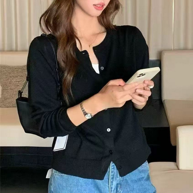 하모리 여성 데일리 심플 배색 라운드넥 긴팔 니트 가디건