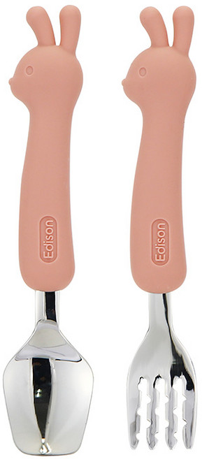 에디슨 유아 실리콘 스푼 포크 케이스 세트, 토끼핑크, 스푼 + 포크 + 케이스, 1세트