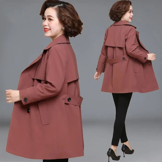 AOKADA 중년 여성 봄 가을 더블 버튼 하프 트렌치 코트 루즈핏 정장넥 아우터