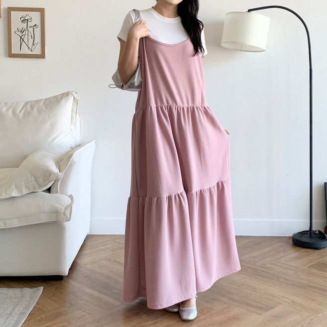 더한땀 빅사이즈 뒷리본 캉캉 레이어드 나시 롱 원피스