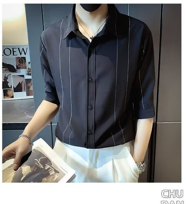 2025年夏季薄款條紋袖襯衫男士修身五分袖襯衣痞帥休閒垂感短袖