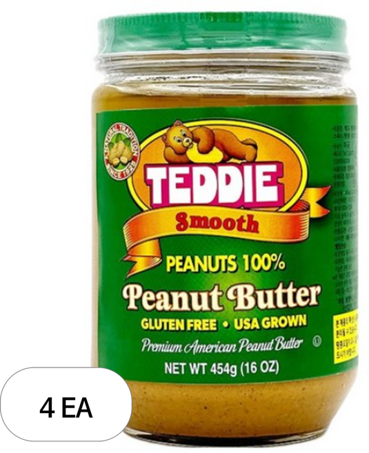 테디 땅콩버터 100% 스무스, 454g, 4개