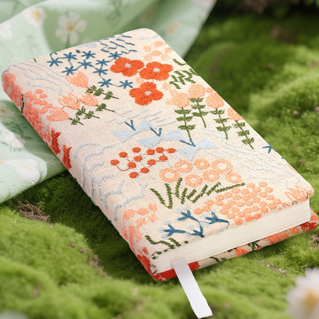 봄밤 자수 감성 패브릭 다이어리 노트 A6 수첩, 무지, 1개, 오렌지 플라워