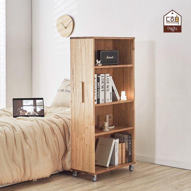 우드레 참죽원목 400 바퀴달린 슬라이딩 4단 틈새책장 높이 주문제작 가능한 이동식 책장, 네추럴