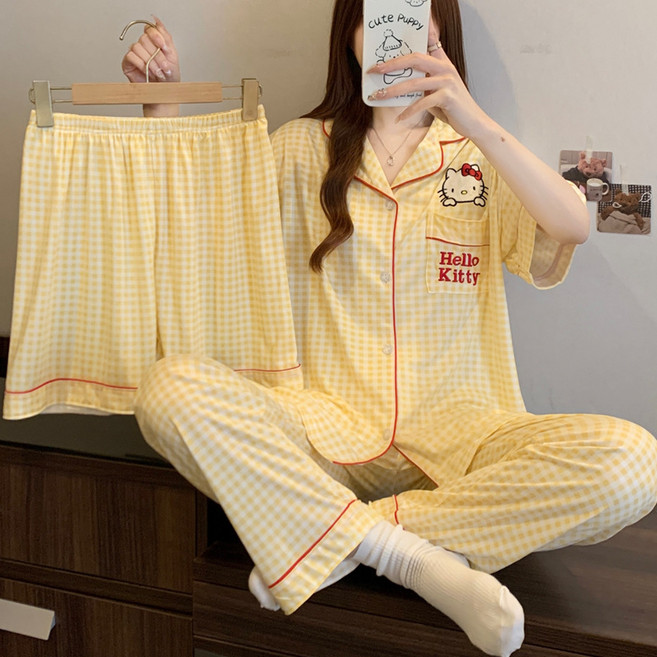 티류으스 캐릭터 여성 키티 캐릭터 체크 홈웨어 스리피스 잠옷 반팔티+긴바지 +반바지세트