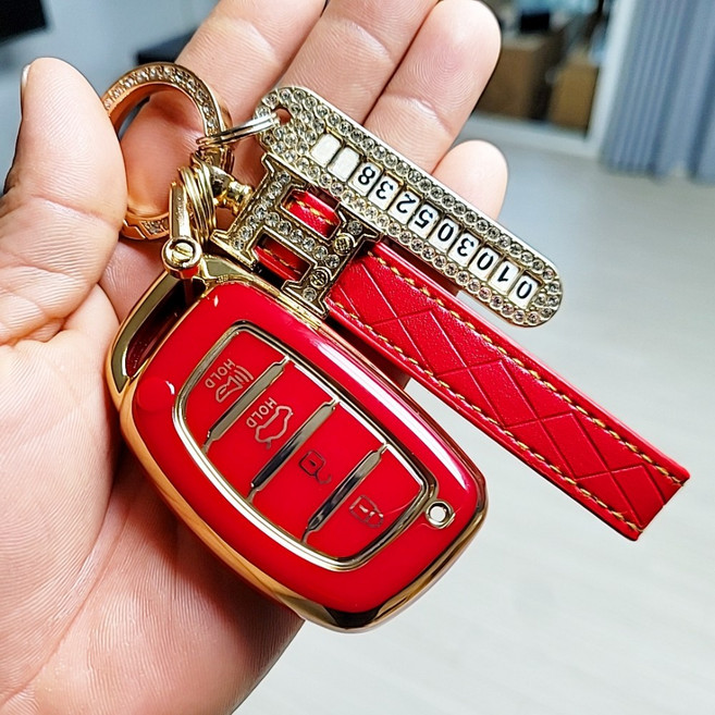 포스워백 현대 4버튼 캐스퍼 아반떼 AD MD 아이오닉 LF쏘나타 뉴투싼ix 올뉴투싼 뉴라이즈 신형i40 호환 스마트키 TPU 키케이스 키링 키홀더, 레드