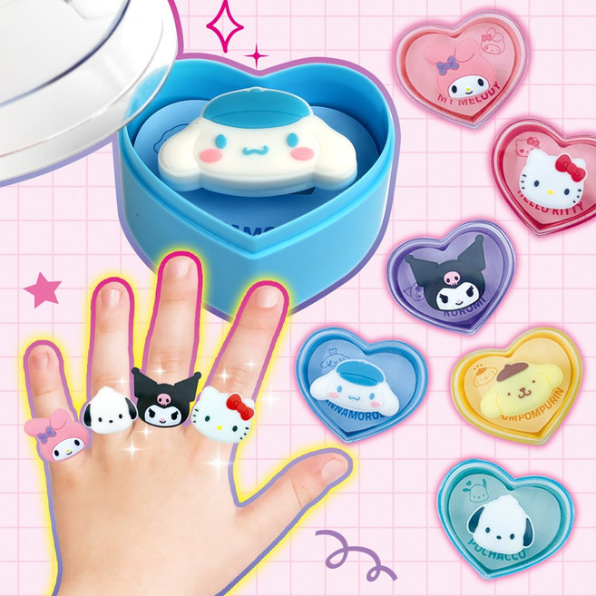 산리오 장난감 반지 6종 세트 선물용 하트케이스 포함 시나모롤 포차코 폼폼푸린 쿠로미 헬로키티 마이멜로디, 6종 세트 (캐릭터별 1개씩)