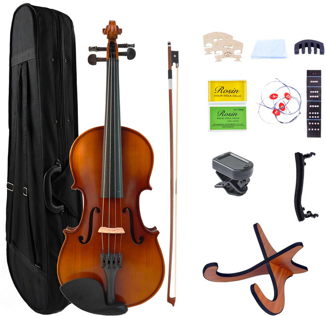 초보자 입문용 솔리드 스프루스 패널 어쿠스틱 피들 바이올린 세트 (케이스 포함 활 송진 튜너 및 스탠드), 1/4, 1개