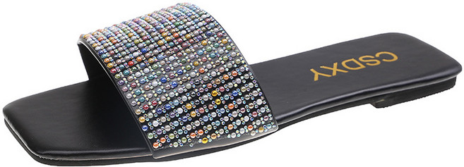 여성용 글리터 슬라이드 플랫 슈즈 슬리퍼 로우 스퀘어 토 빅 사이즈 여름 원단 고무 크리스탈 스팽글 신제