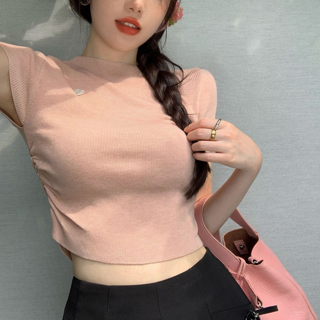 cammello 여리핏 시스루 반팔 니트티 사이드 셔링 크롭티 반팔티